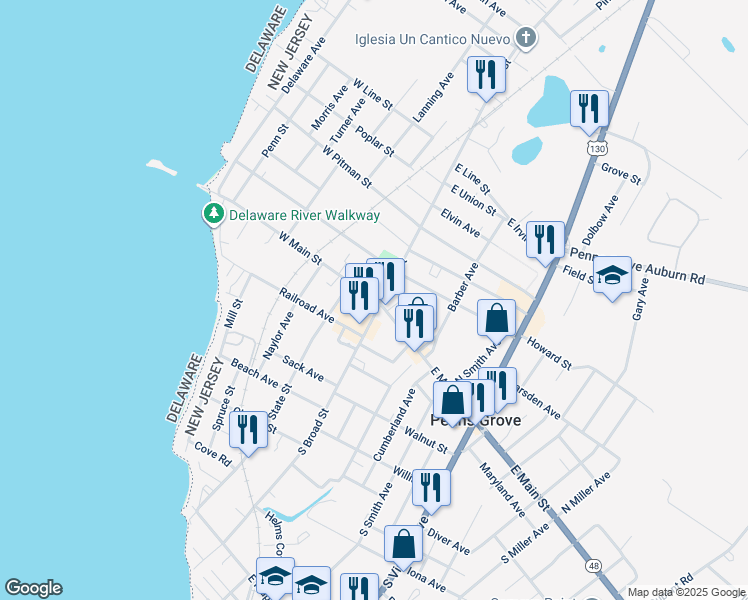 map of restaurants, bars, coffee shops, grocery stores, and more near in Penns Grove