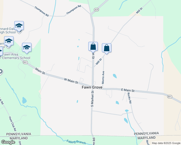 map of restaurants, bars, coffee shops, grocery stores, and more near 70 North Market Street in Fawn Grove