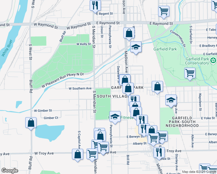 map of restaurants, bars, coffee shops, grocery stores, and more near 2530 South Pennsylvania Street in Indianapolis