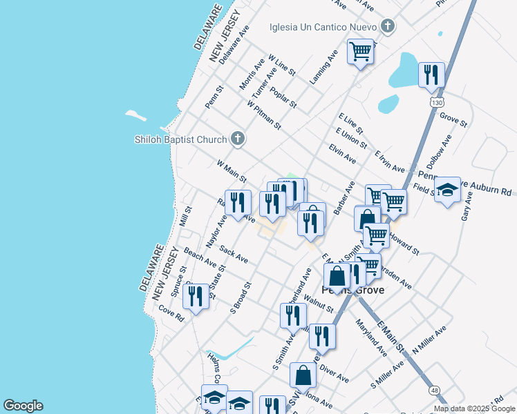 map of restaurants, bars, coffee shops, grocery stores, and more near in Penns Grove