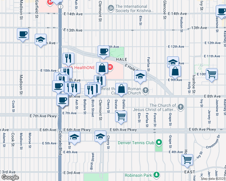 map of restaurants, bars, coffee shops, grocery stores, and more near 833 Dexter Street in Denver