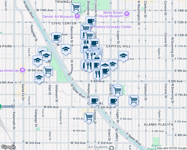 map of restaurants, bars, coffee shops, grocery stores, and more near 925 Lincoln Street in Denver