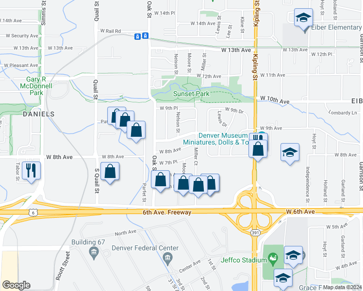 map of restaurants, bars, coffee shops, grocery stores, and more near 10555 West 8th Avenue in Lakewood