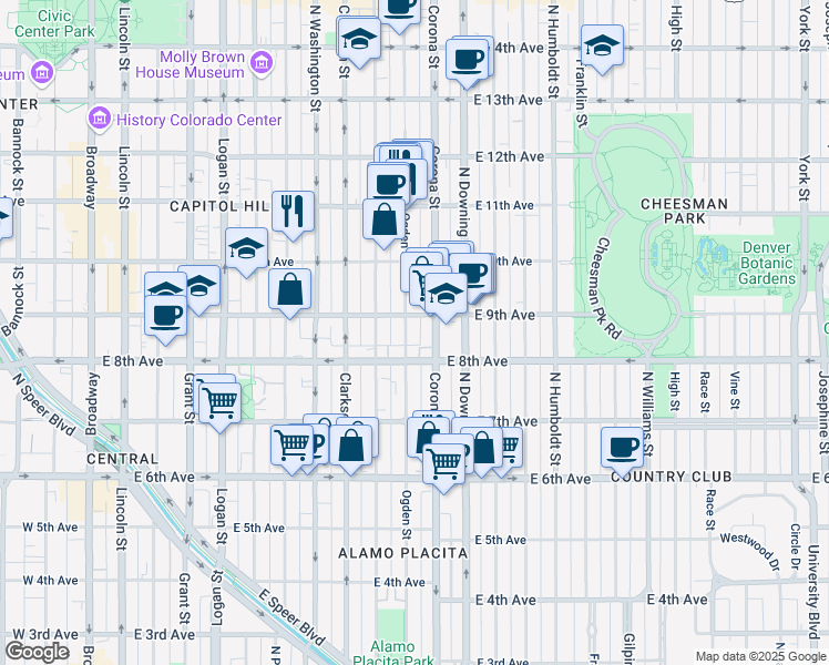 map of restaurants, bars, coffee shops, grocery stores, and more near 1021 East 9th Avenue in Denver