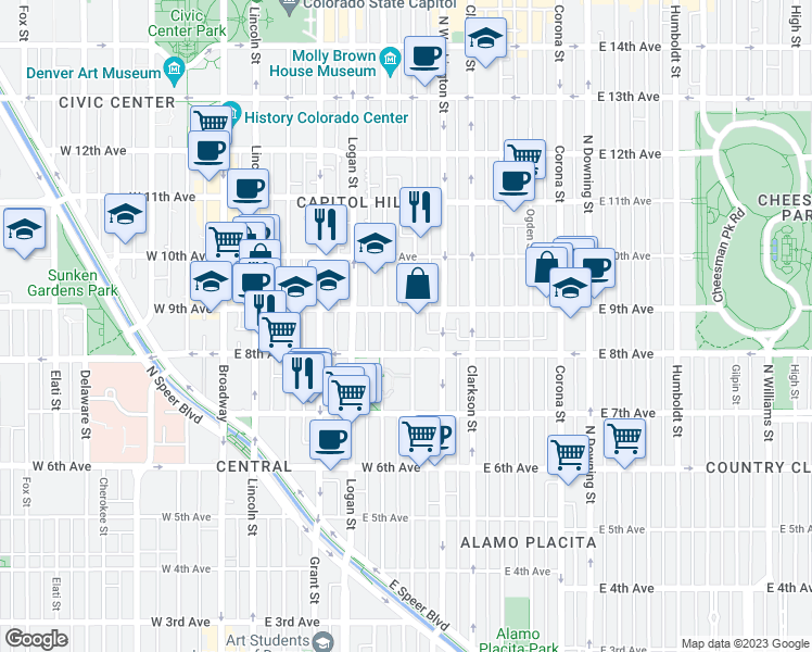 map of restaurants, bars, coffee shops, grocery stores, and more near 899 Pearl Street in Denver
