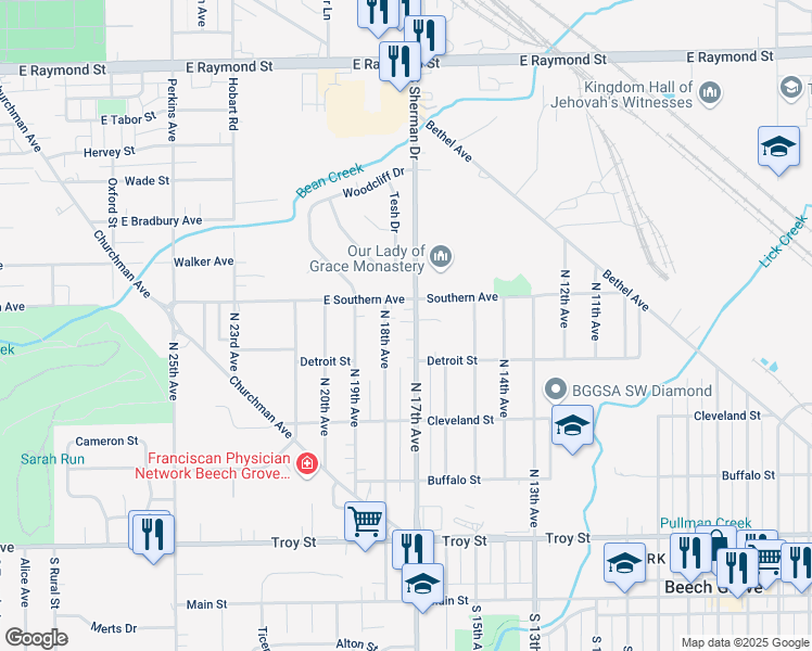 map of restaurants, bars, coffee shops, grocery stores, and more near 421 North 17th Avenue in Beech Grove