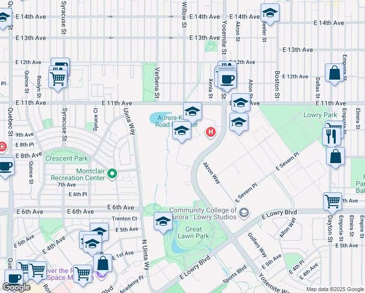 map of restaurants, bars, coffee shops, grocery stores, and more near 801 Yosemite Street in Denver