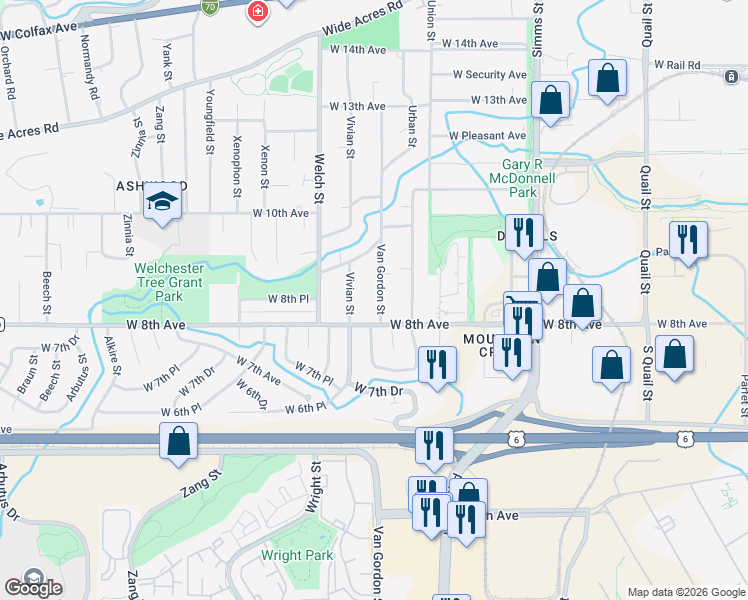 map of restaurants, bars, coffee shops, grocery stores, and more near 845 Van Gordon Street in Golden