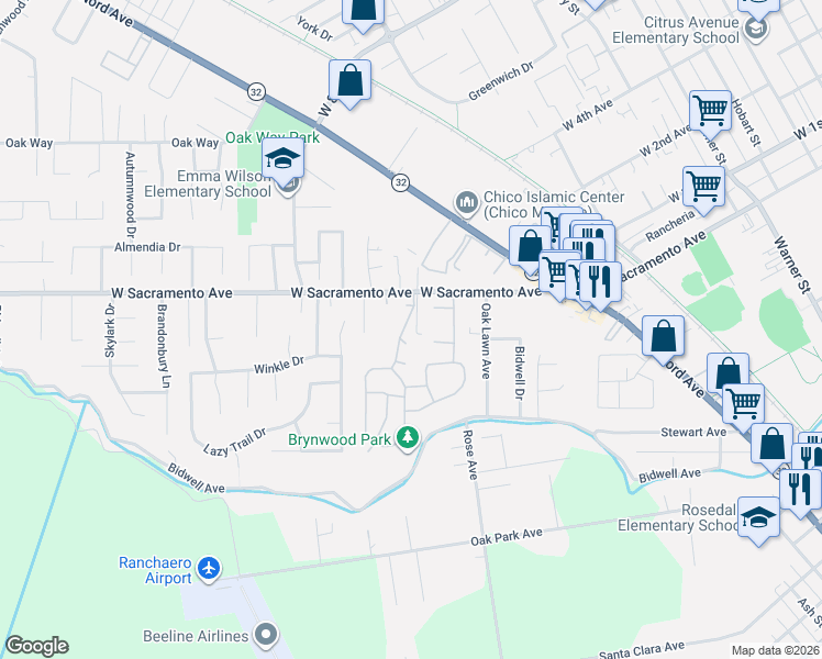 map of restaurants, bars, coffee shops, grocery stores, and more near 875 Ashbury Court in Chico
