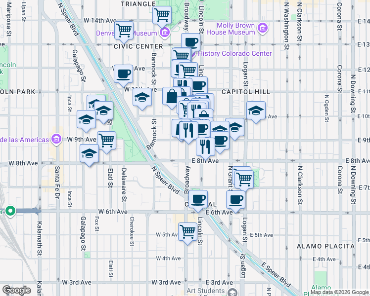 map of restaurants, bars, coffee shops, grocery stores, and more near 43 West 9th Avenue in Denver