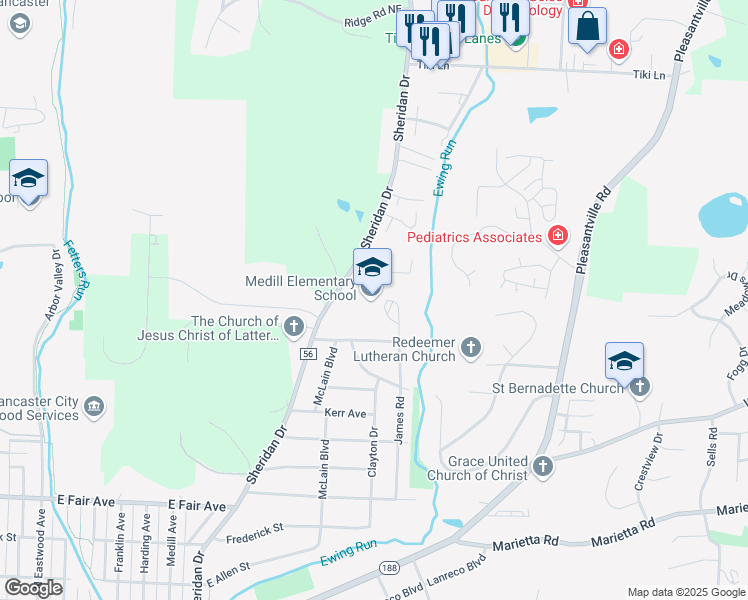 map of restaurants, bars, coffee shops, grocery stores, and more near 1151 James Road in Lancaster