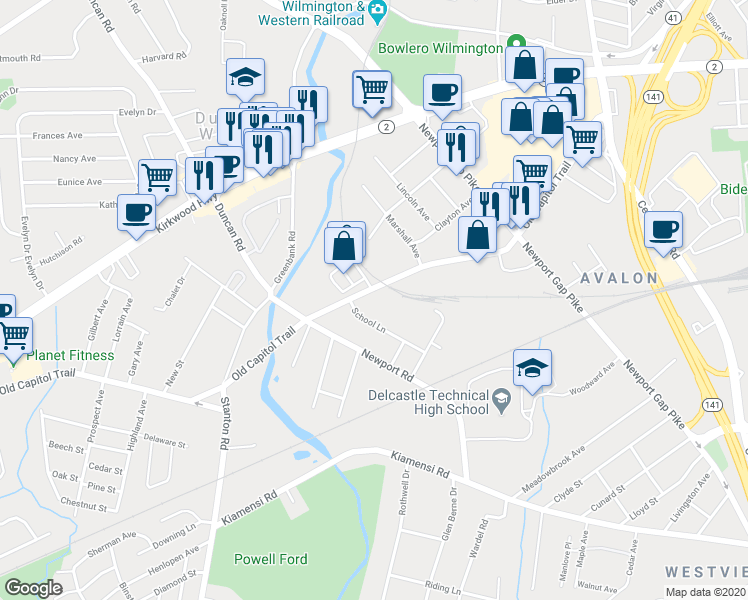 map of restaurants, bars, coffee shops, grocery stores, and more near 3608 Old Capitol Trail in Wilmington