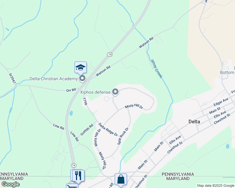map of restaurants, bars, coffee shops, grocery stores, and more near 625 Misty Hill Drive in Delta