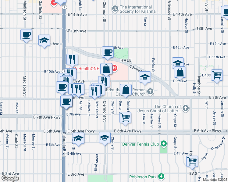 map of restaurants, bars, coffee shops, grocery stores, and more near 861 Cherry Street in Denver