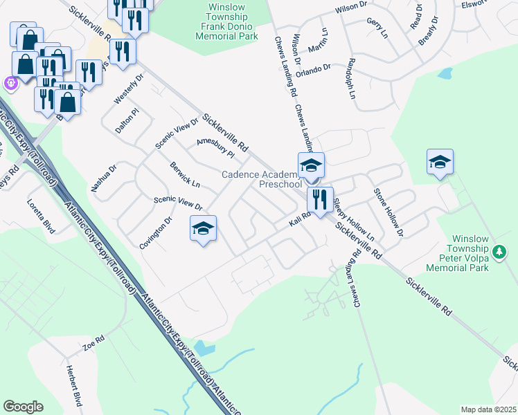 map of restaurants, bars, coffee shops, grocery stores, and more near 18 Cherry Grove Lane in Sicklerville