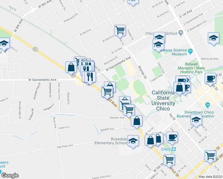 map of restaurants, bars, coffee shops, grocery stores, and more near 712 Nord Avenue in Chico