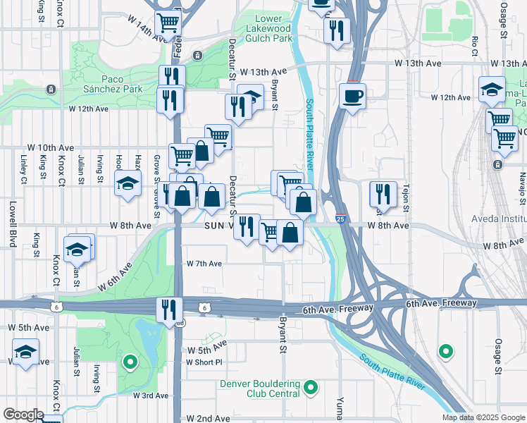 map of restaurants, bars, coffee shops, grocery stores, and more near 2618 West Barberry Place in Denver