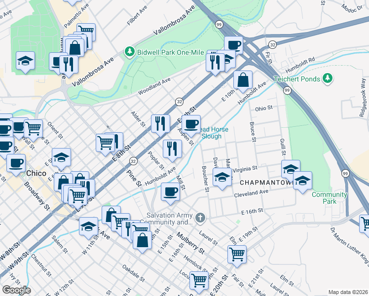 map of restaurants, bars, coffee shops, grocery stores, and more near 1062 Humboldt Avenue in Chico