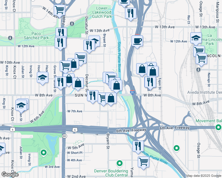 map of restaurants, bars, coffee shops, grocery stores, and more near 2535 West Barberry Place in Denver