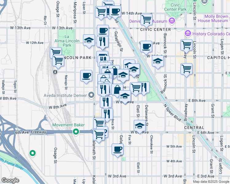 map of restaurants, bars, coffee shops, grocery stores, and more near 850 Inca Street in Denver
