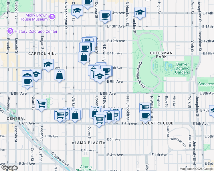 map of restaurants, bars, coffee shops, grocery stores, and more near in Denver