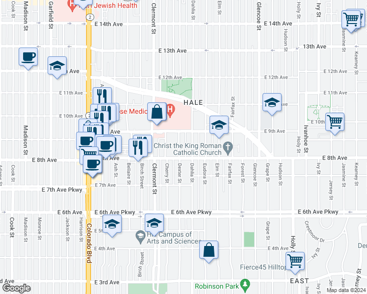 map of restaurants, bars, coffee shops, grocery stores, and more near 870 Dexter Street in Denver