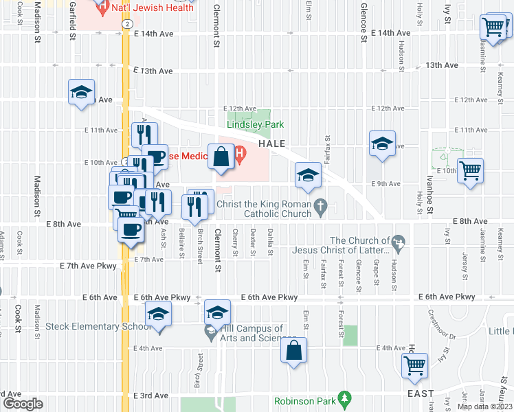 map of restaurants, bars, coffee shops, grocery stores, and more near 870 Dexter Street in Denver