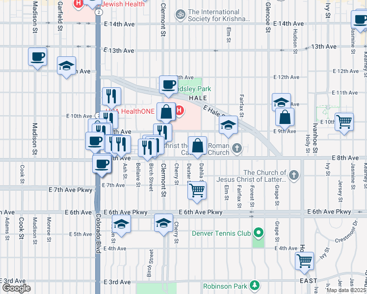 map of restaurants, bars, coffee shops, grocery stores, and more near 870 Dexter Street in Denver