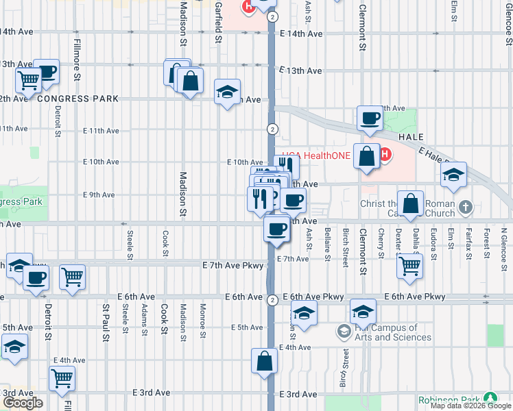 map of restaurants, bars, coffee shops, grocery stores, and more near 864 Harrison Street in Denver