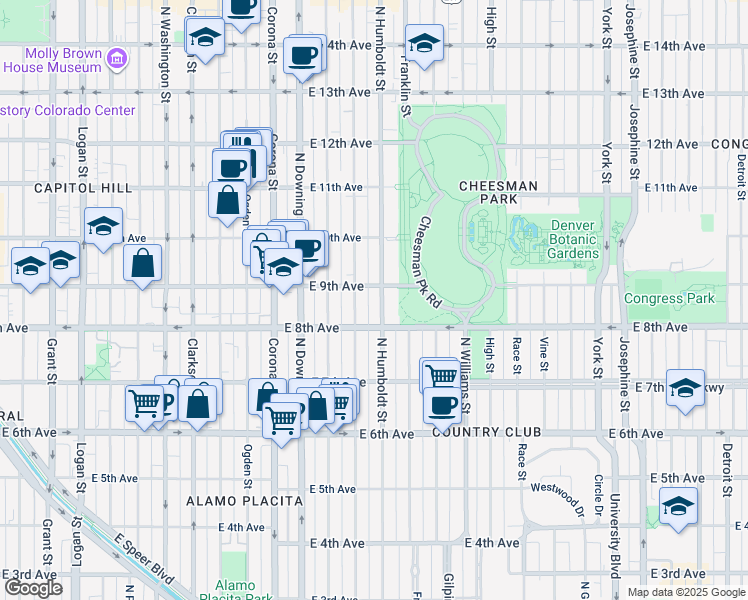 map of restaurants, bars, coffee shops, grocery stores, and more near 1415 East 9th Avenue in Denver