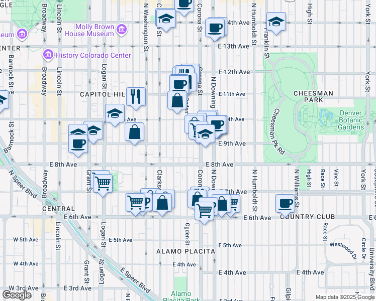 map of restaurants, bars, coffee shops, grocery stores, and more near 1021 East 9th Avenue in Denver