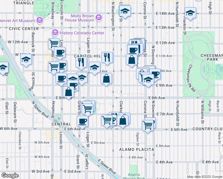 map of restaurants, bars, coffee shops, grocery stores, and more near 901 North Washington Street in Denver