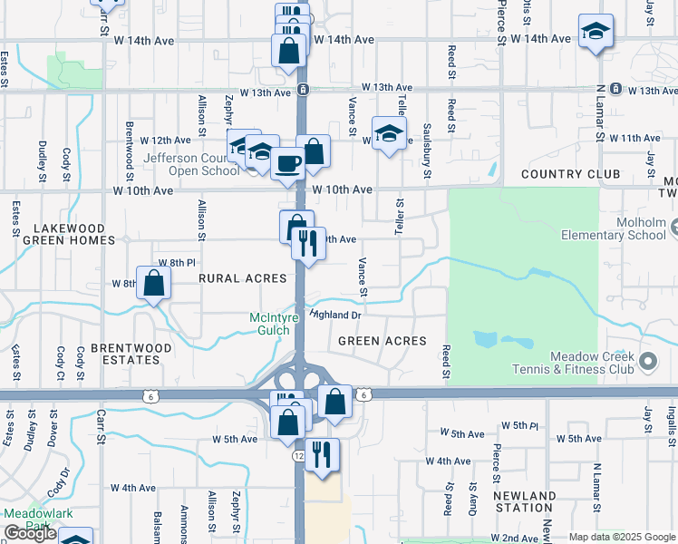 map of restaurants, bars, coffee shops, grocery stores, and more near 7515 West 8th Place in Lakewood