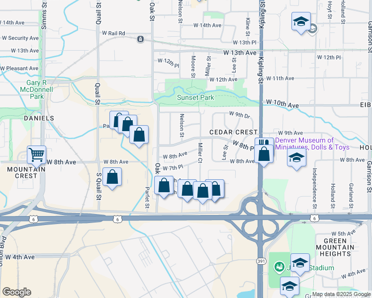 map of restaurants, bars, coffee shops, grocery stores, and more near 10470 West 8th Place in Lakewood