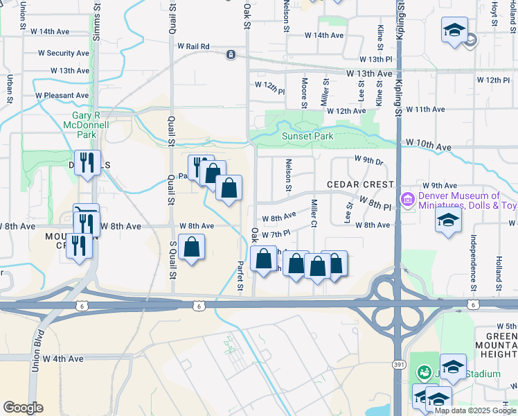 map of restaurants, bars, coffee shops, grocery stores, and more near 846 Oak Street in Lakewood