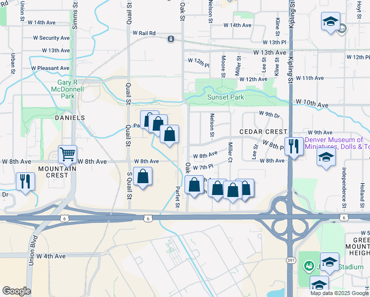 map of restaurants, bars, coffee shops, grocery stores, and more near 846 Oak Street in Lakewood