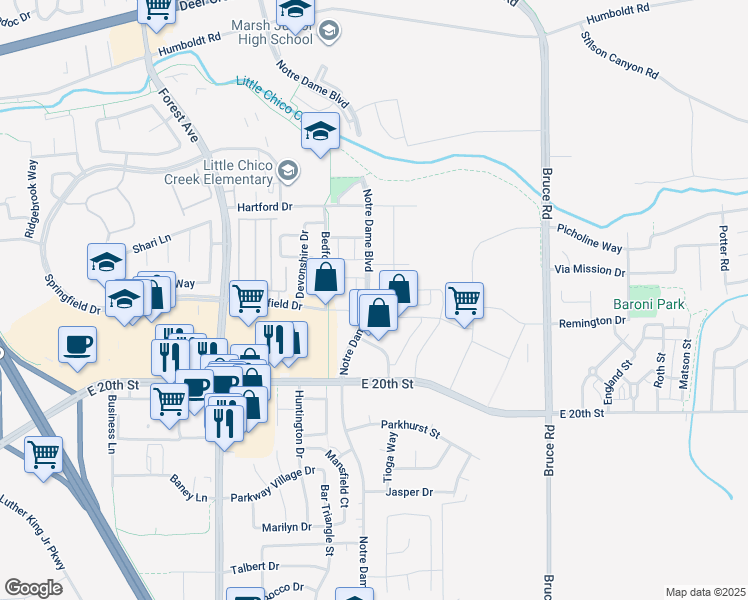 map of restaurants, bars, coffee shops, grocery stores, and more near 1888 Notre Dame Boulevard in Chico