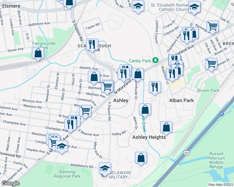 map of restaurants, bars, coffee shops, grocery stores, and more near 213 North Maryland Avenue in Wilmington