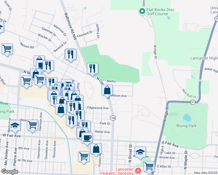 map of restaurants, bars, coffee shops, grocery stores, and more near 199 Marks in Lancaster
