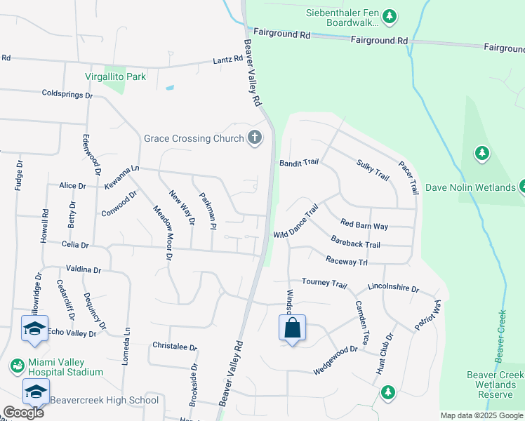 map of restaurants, bars, coffee shops, grocery stores, and more near 2331 East Wind Drive in Beavercreek