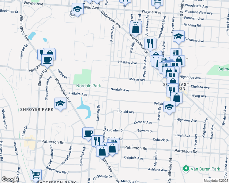 map of restaurants, bars, coffee shops, grocery stores, and more near 415 Nordale Avenue in Dayton