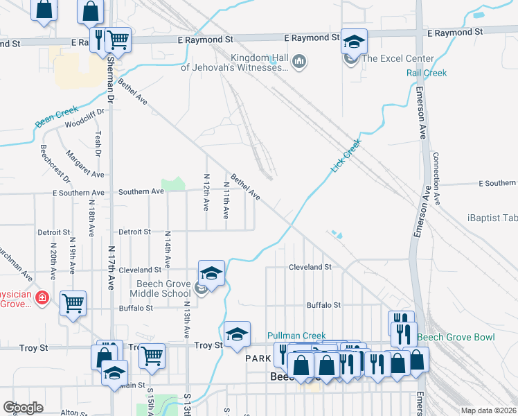 map of restaurants, bars, coffee shops, grocery stores, and more near 860 Bethel Avenue in Beech Grove