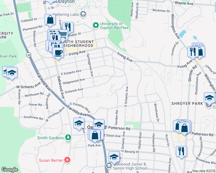 map of restaurants, bars, coffee shops, grocery stores, and more near 451 Schenck Avenue in Dayton