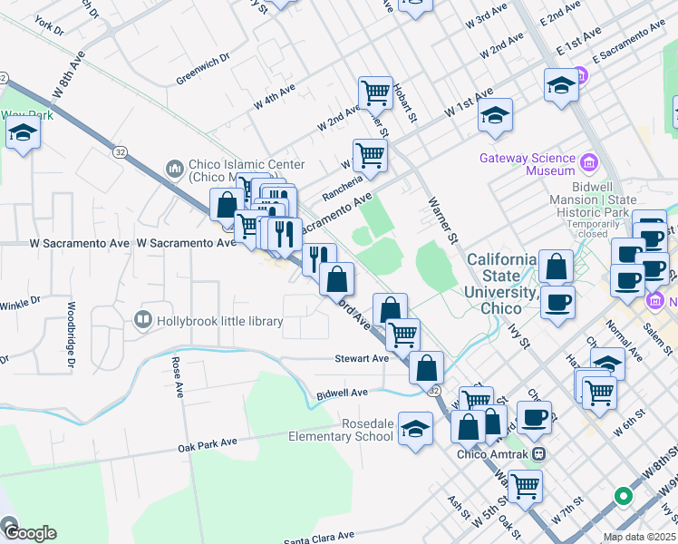 map of restaurants, bars, coffee shops, grocery stores, and more near 812 Nord Avenue in Chico