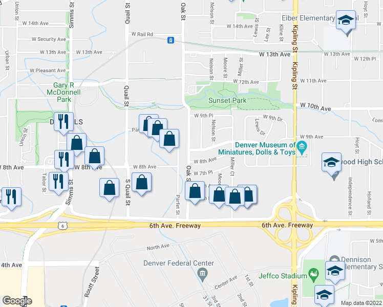 map of restaurants, bars, coffee shops, grocery stores, and more near 10760 West 8th Place in Lakewood