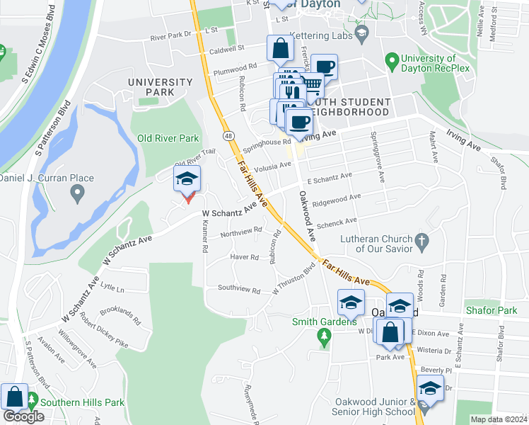 map of restaurants, bars, coffee shops, grocery stores, and more near 221 Far Hills Avenue in Dayton