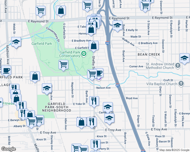 map of restaurants, bars, coffee shops, grocery stores, and more near 2609 Shelby Street in Indianapolis