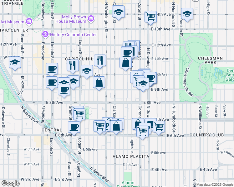 map of restaurants, bars, coffee shops, grocery stores, and more near 900 North Clarkson street in Denver
