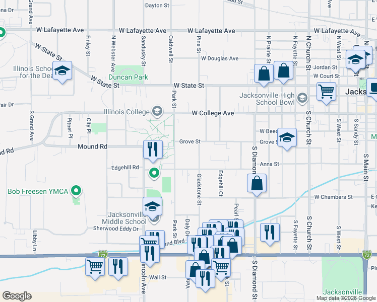 map of restaurants, bars, coffee shops, grocery stores, and more near 1025 Grove Street in Jacksonville