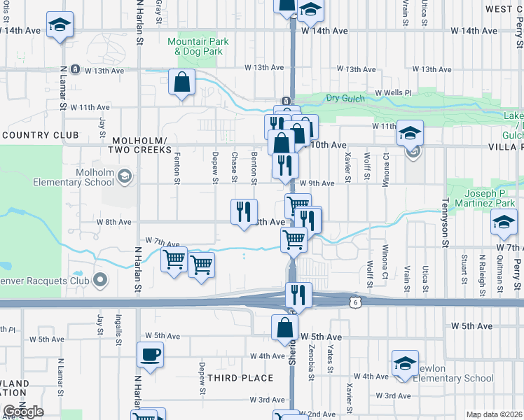 map of restaurants, bars, coffee shops, grocery stores, and more near 830 Benton Street in Lakewood